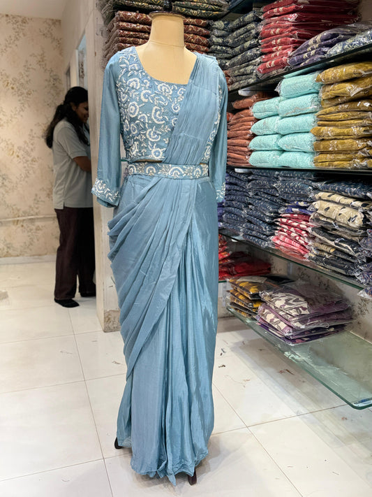 Chinon Sky Blue Drep Saree