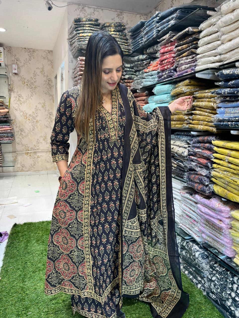 Cotton Anarkali Black 3pc Set