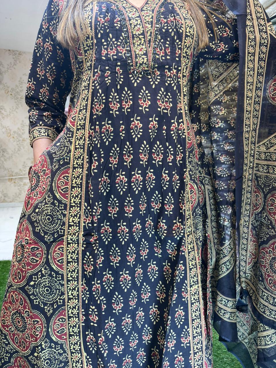 Cotton Anarkali Black 3pc Set