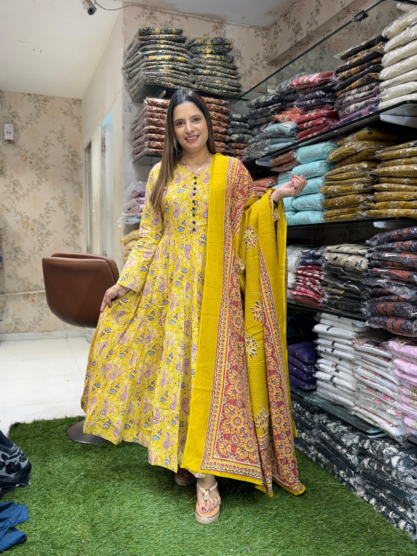 Cotton Anarkali Yellow 3pc Set