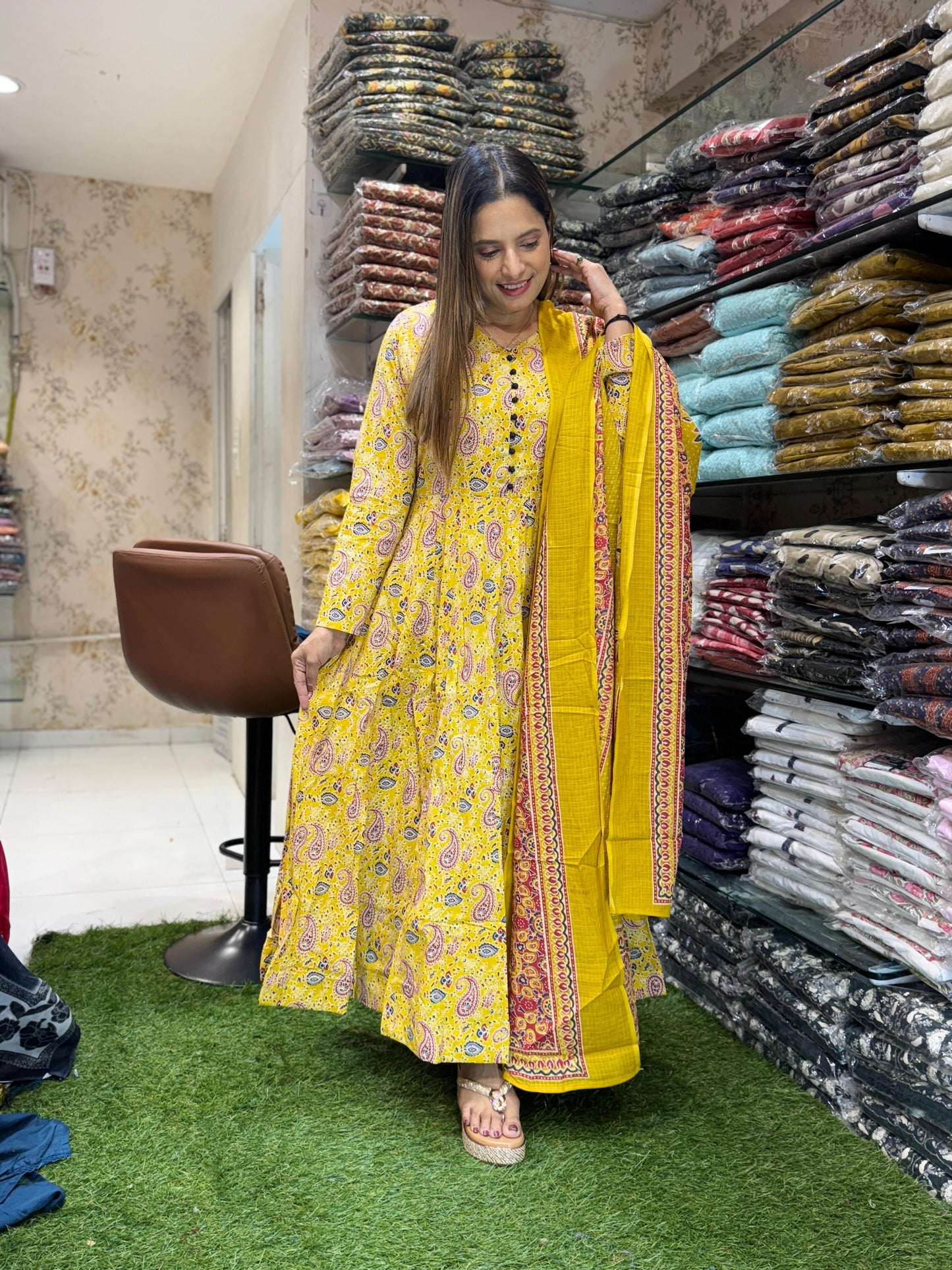 Cotton Anarkali Yellow 3pc Set