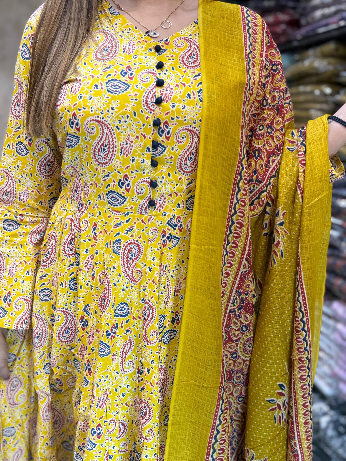 Cotton Anarkali Yellow 3pc Set