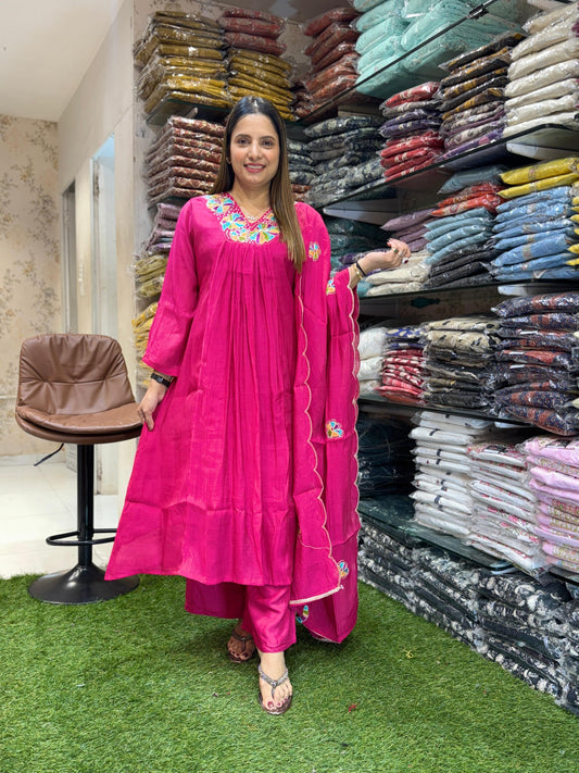 Mull Chanderi Rani Pink 3pc Set