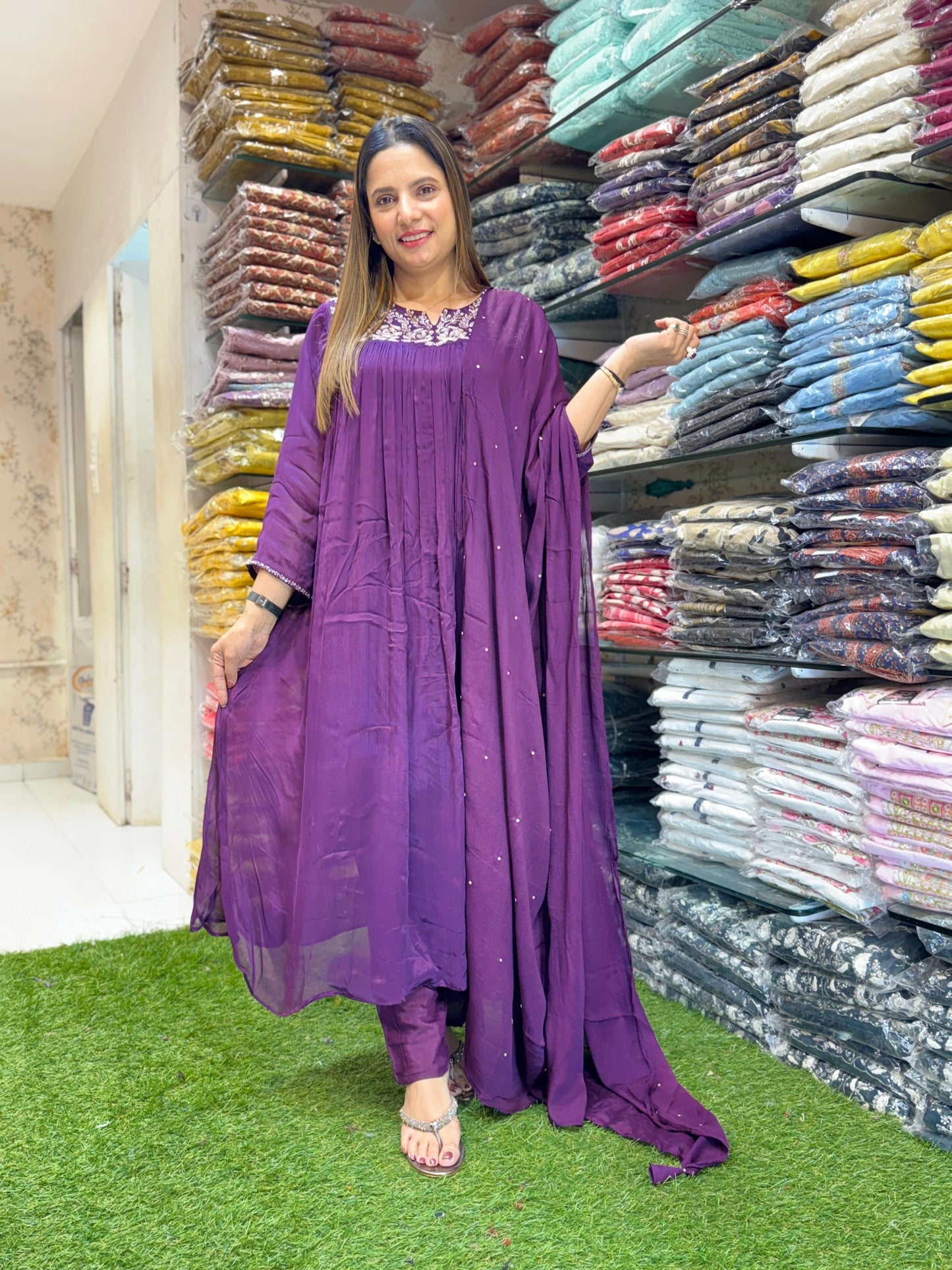 Chinon Anarkali Dark Purple 3pc Set