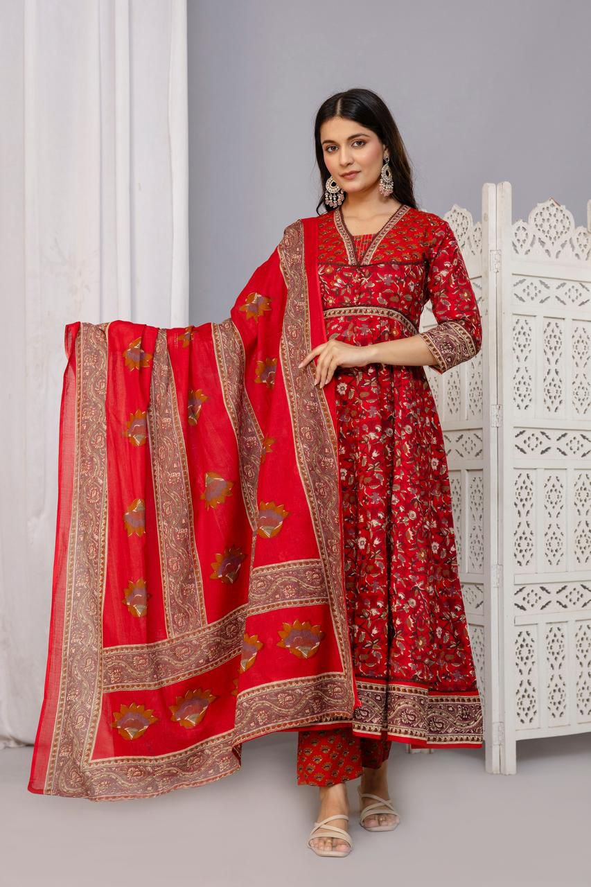 Jaipuri Cotton Red Anarkali 3pc Set