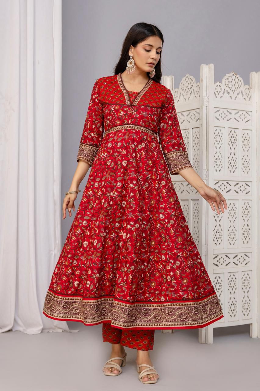 Jaipuri Cotton Red Anarkali 3pc Set