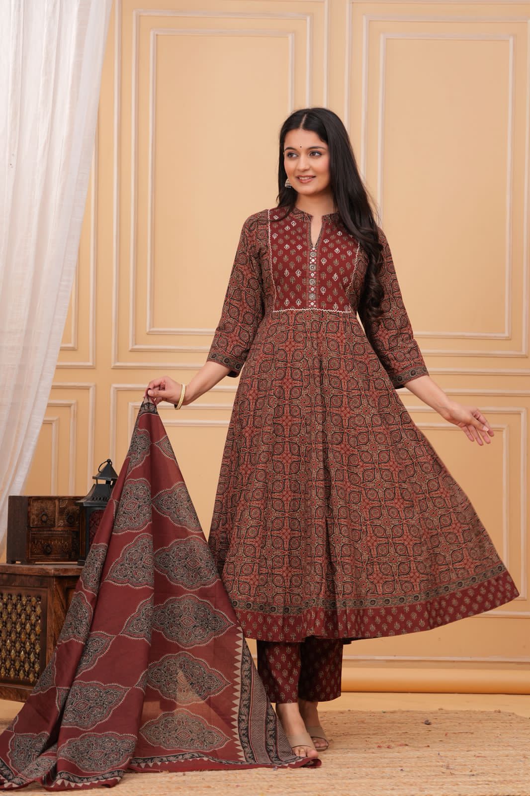 Jaipuri Cotton Maroon Anarkali 3pc Set