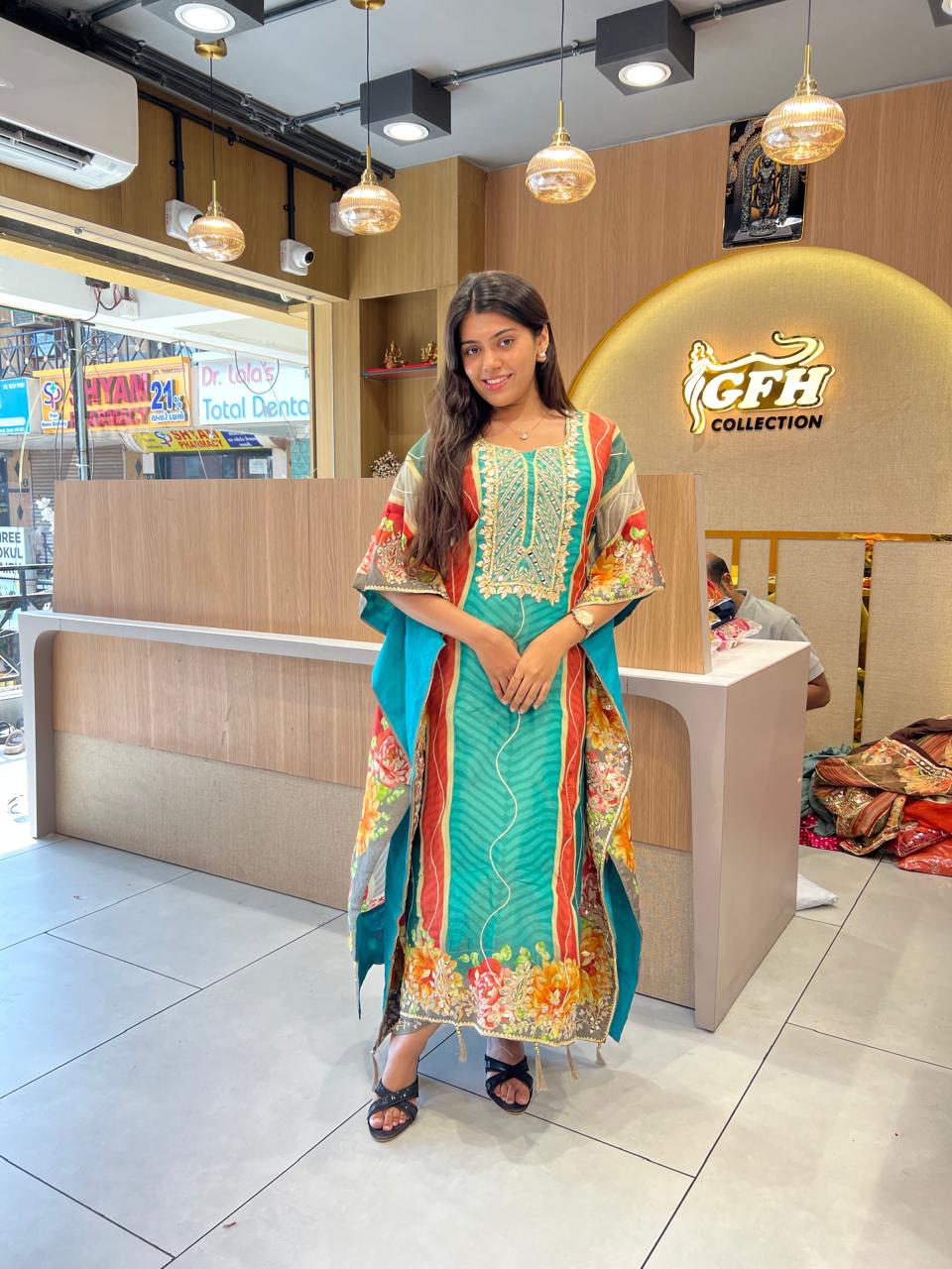 Simmer Tissue Kaftan Firozi 2pc Set