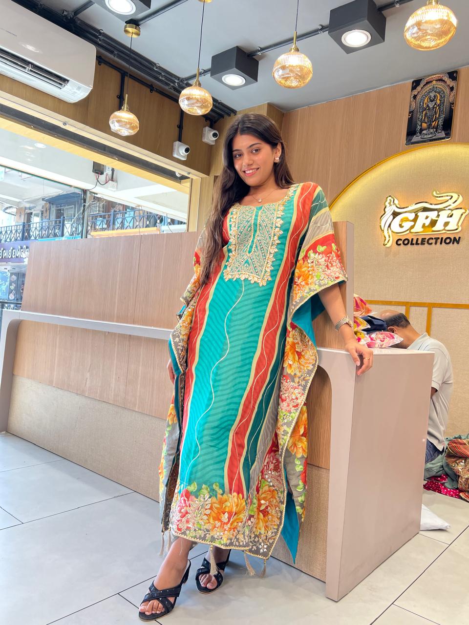 Simmer Tissue Kaftan Firozi 2pc Set