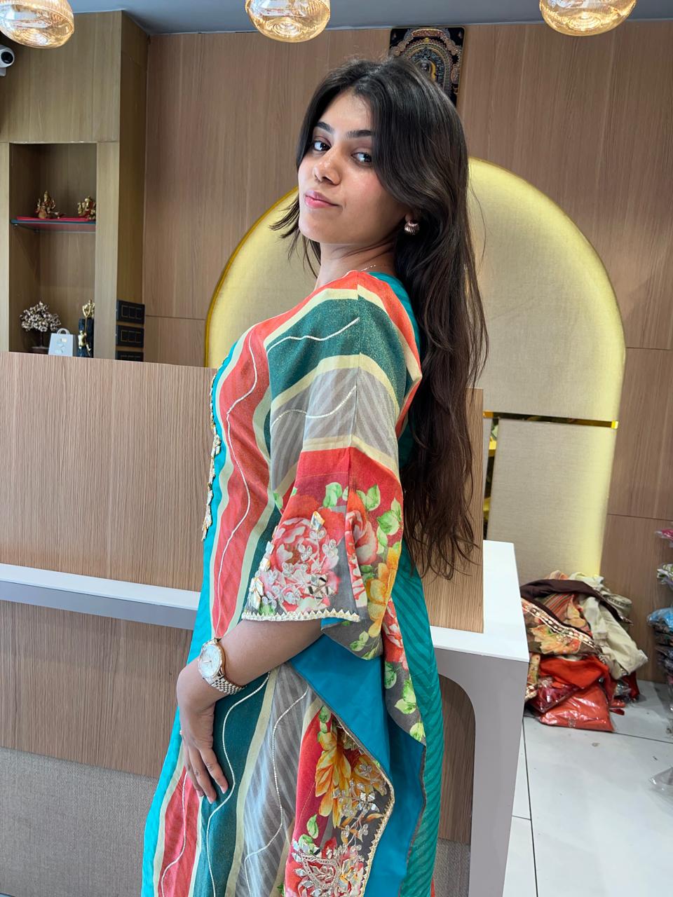 Simmer Tissue Kaftan Firozi 2pc Set