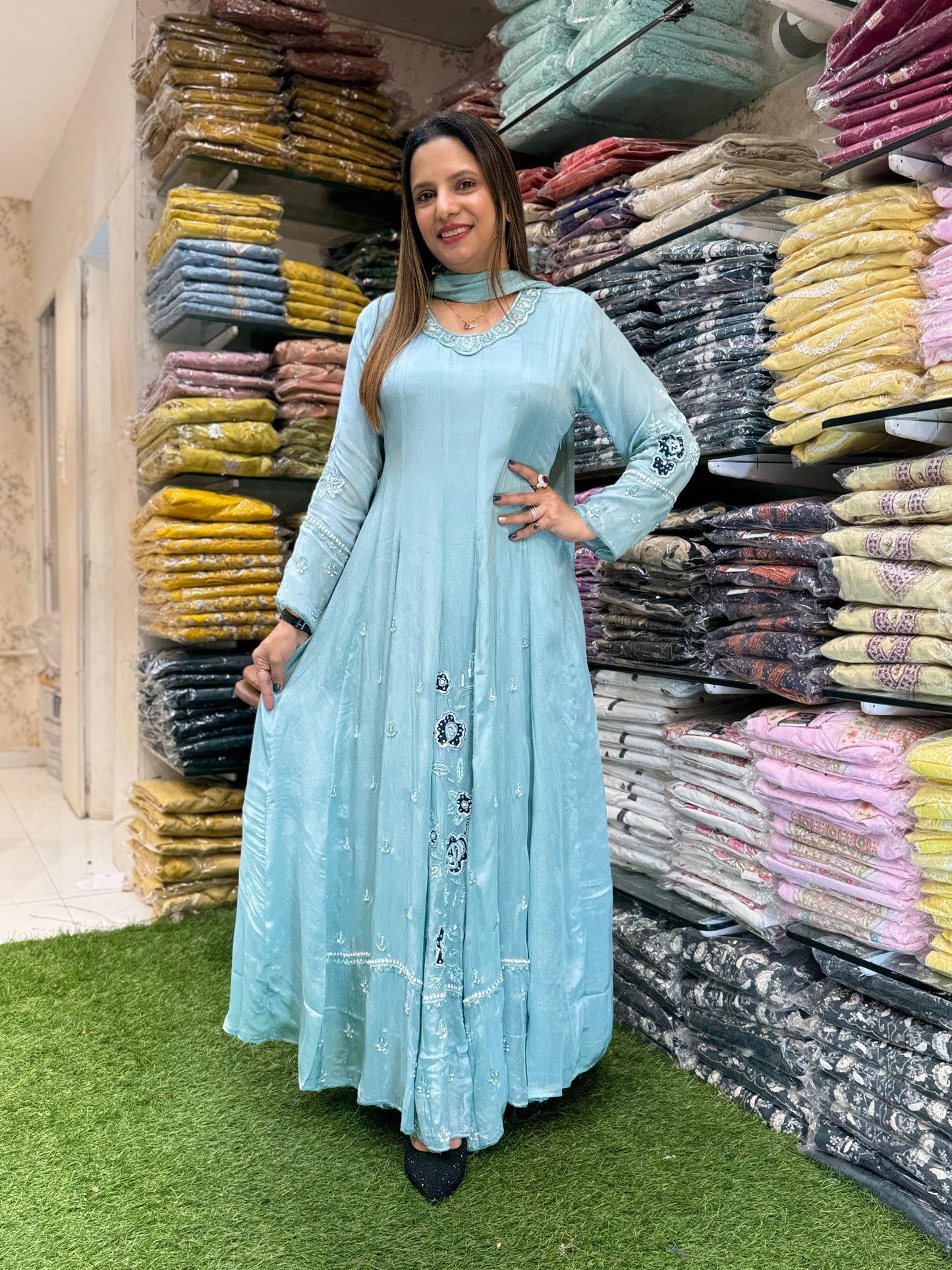 Chinon Blue Anarkali 3pc Set