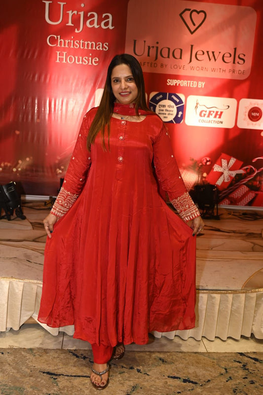 Chinon Red Anarkali 3pc Set