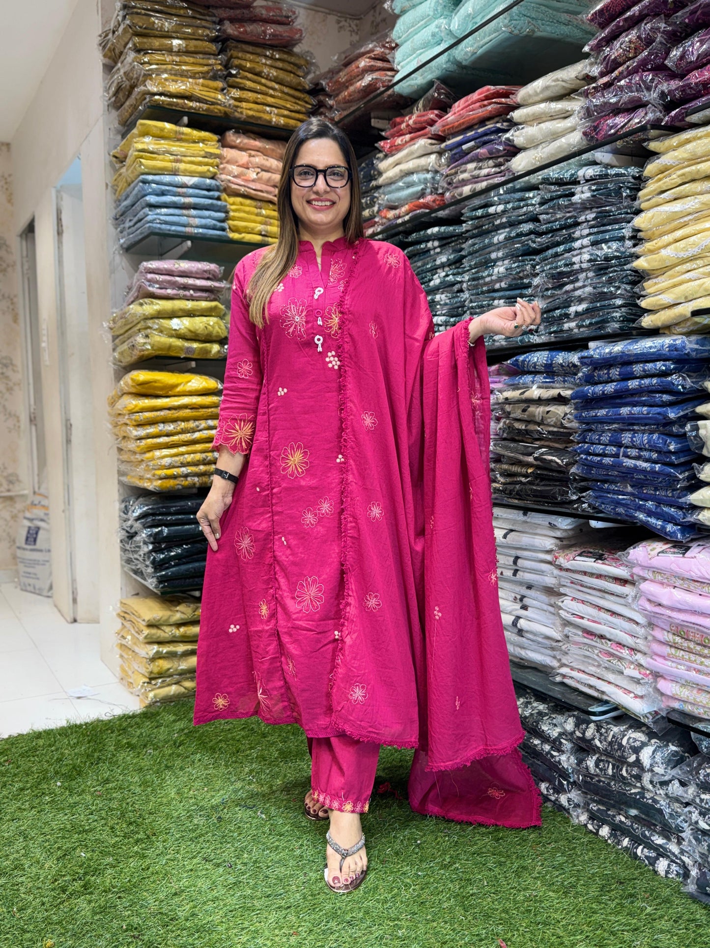 Mull Cotton Rani Pink 3pc Set