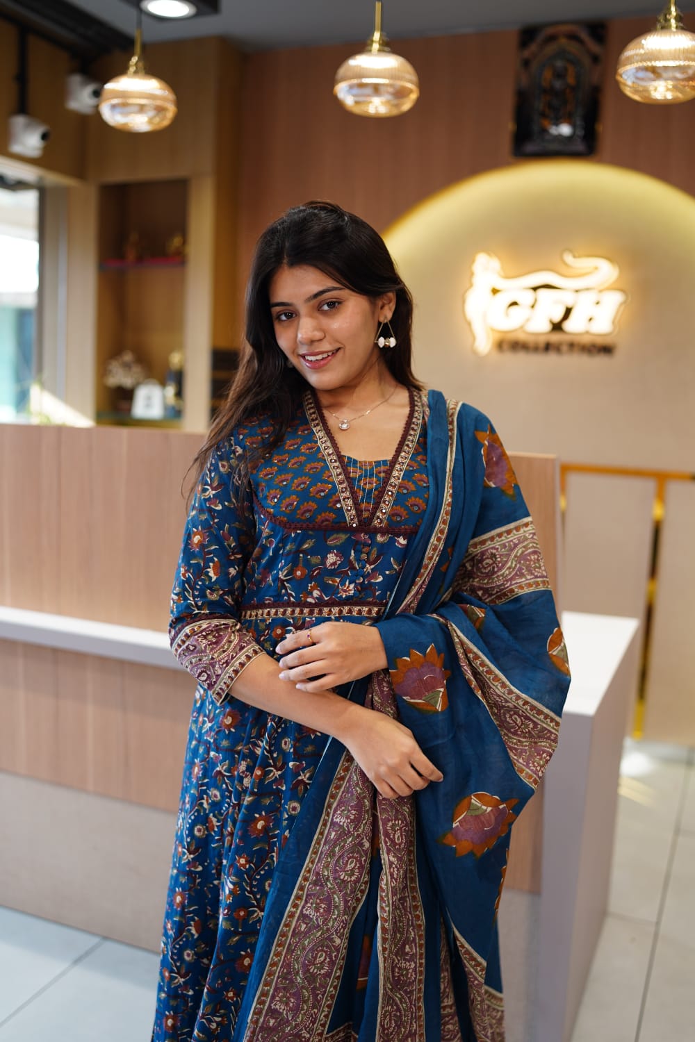 Jaipuri Cotton Blue Anarkali 3pc Set