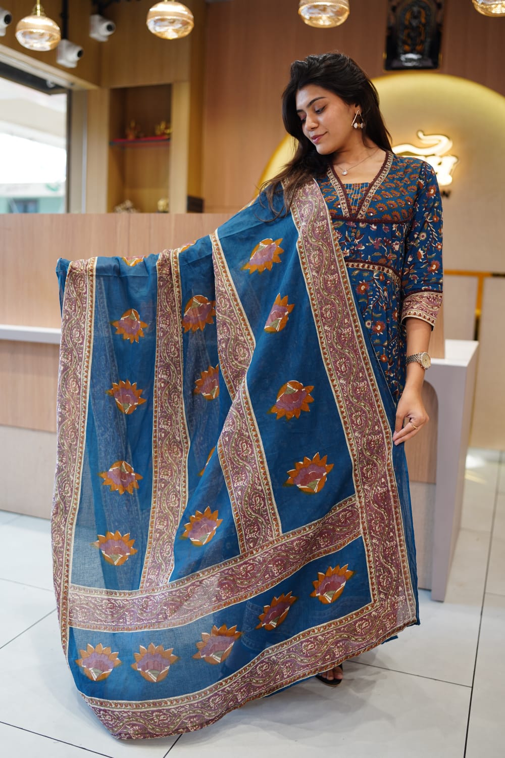 Jaipuri Cotton Blue Anarkali 3pc Set