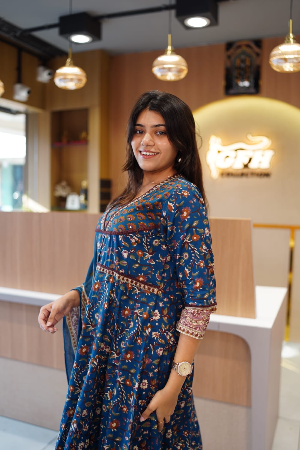 Jaipuri Cotton Blue Anarkali 3pc Set