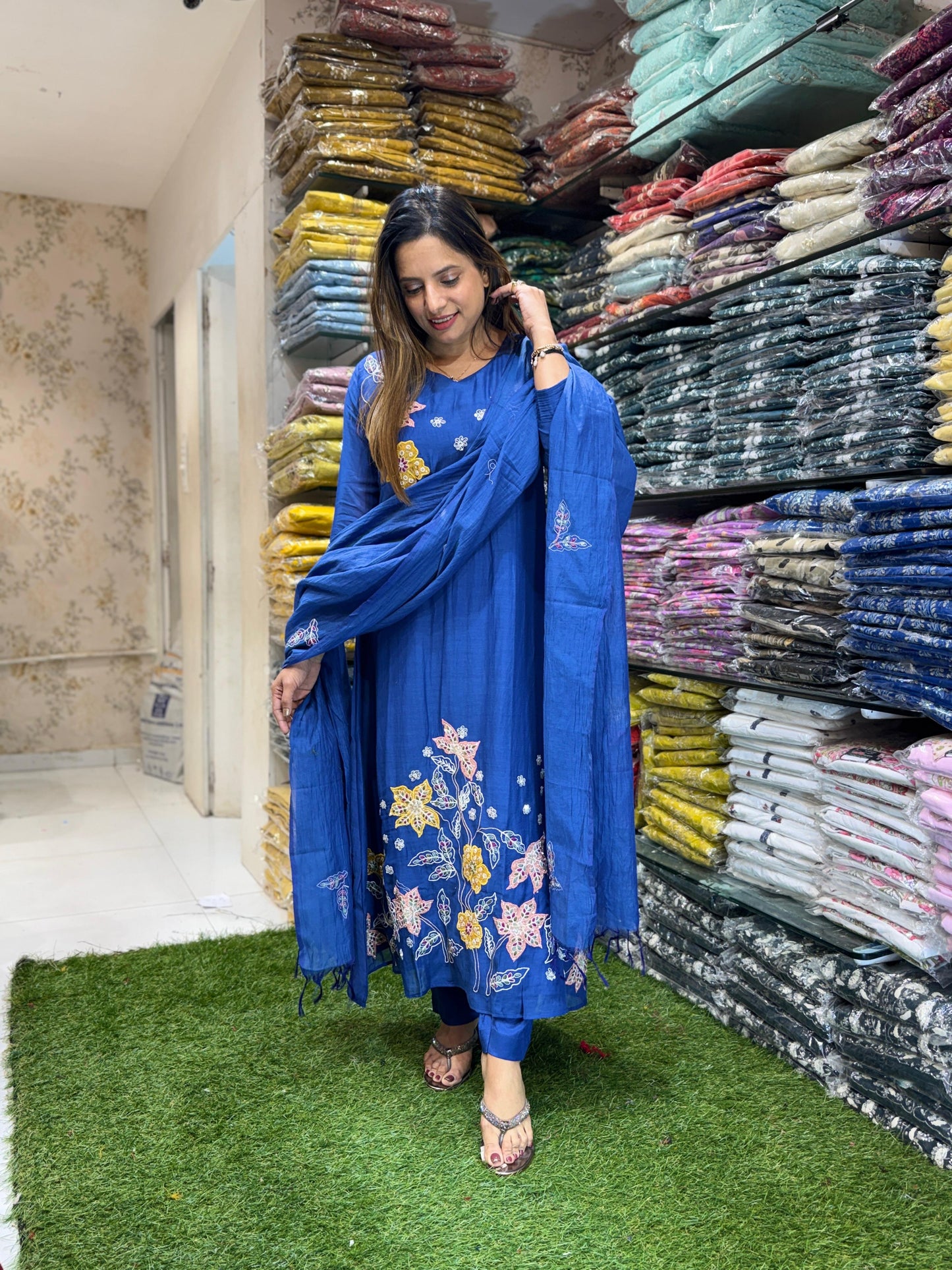 Banaras Mull Chanderi Blue 3pc Set