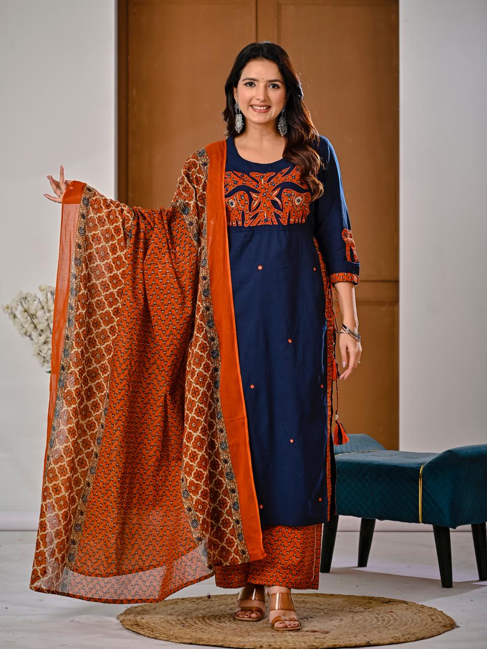 Jaipuri Cotton Blue 3pc Set