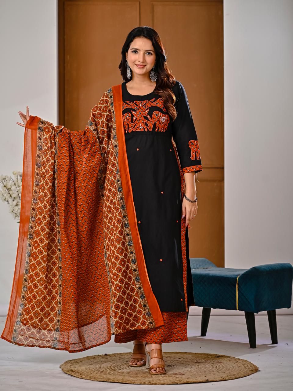 Jaipuri Cotton Black 3pc Set
