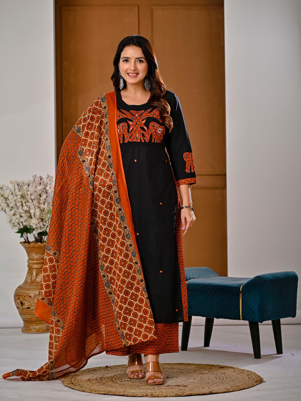 Jaipuri Cotton Black 3pc Set