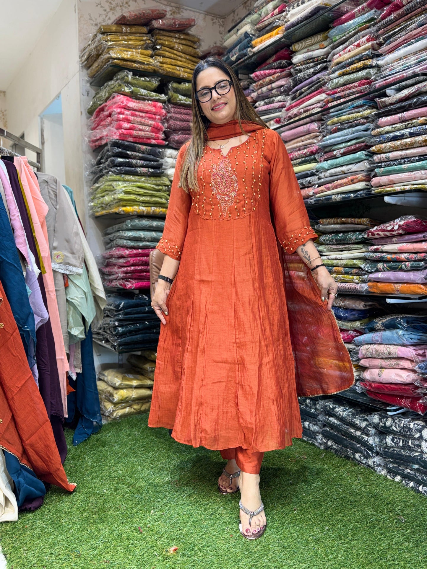 Banaras Mull Chanderi Orange 3pc Set