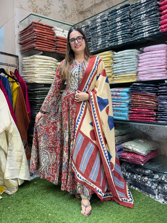 Jaipuri Cotton Maroon Anarkali 3pc Set