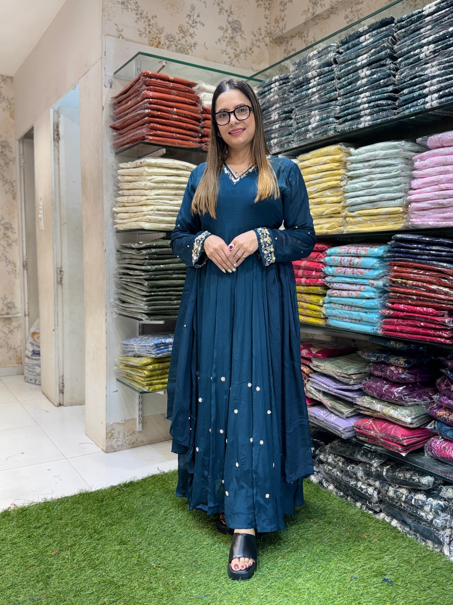 Chinon Peacock Green Anarkali 3pc Set