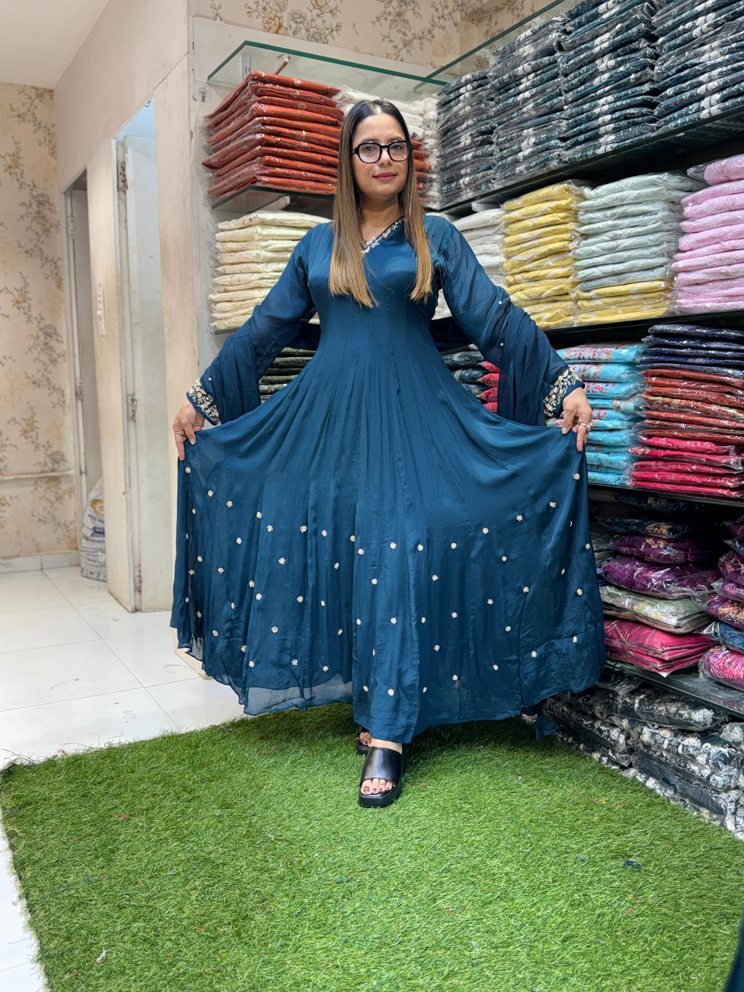 Chinon Peacock Green Anarkali 3pc Set