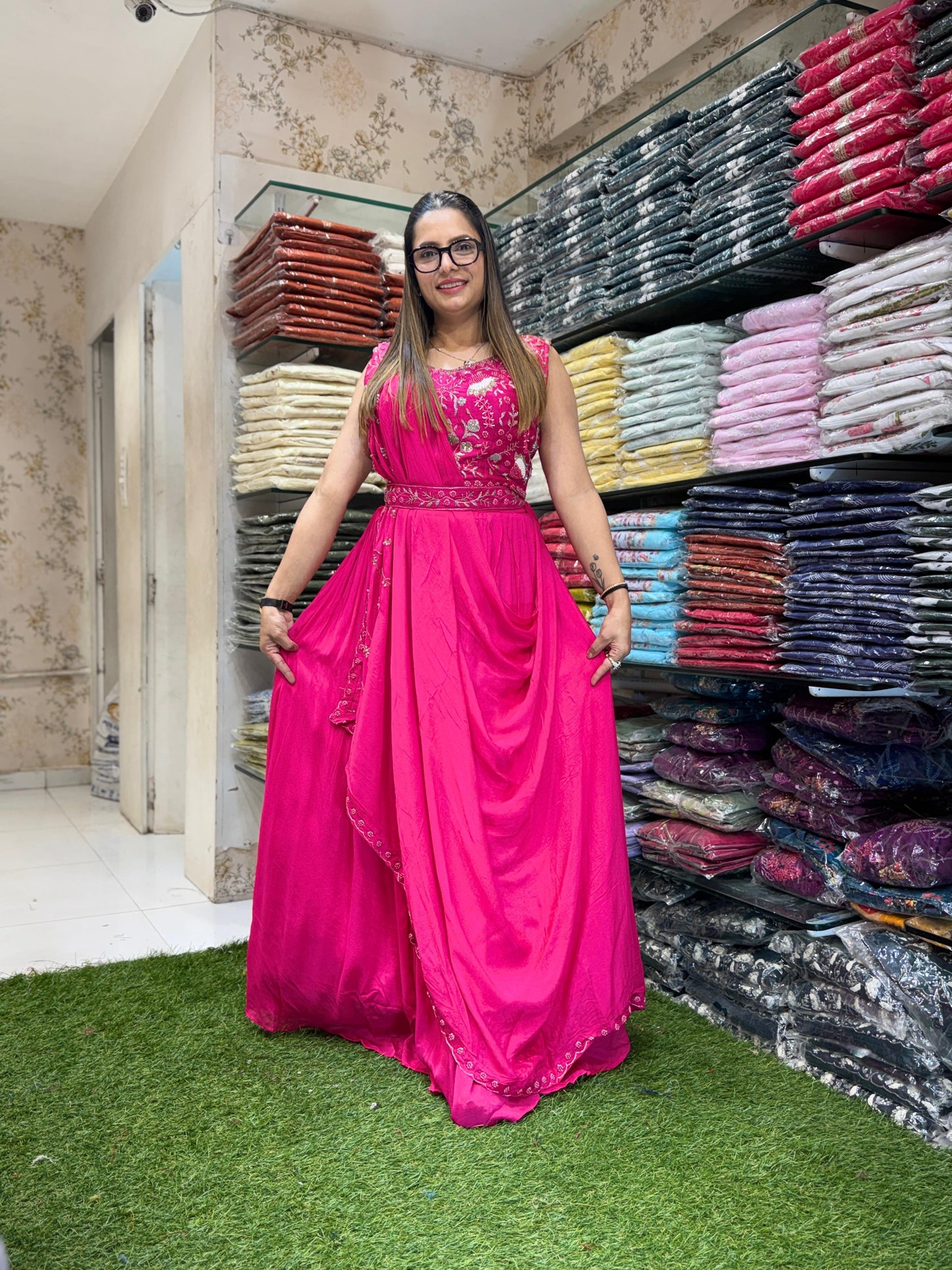 Chinon Pink Drep Saree