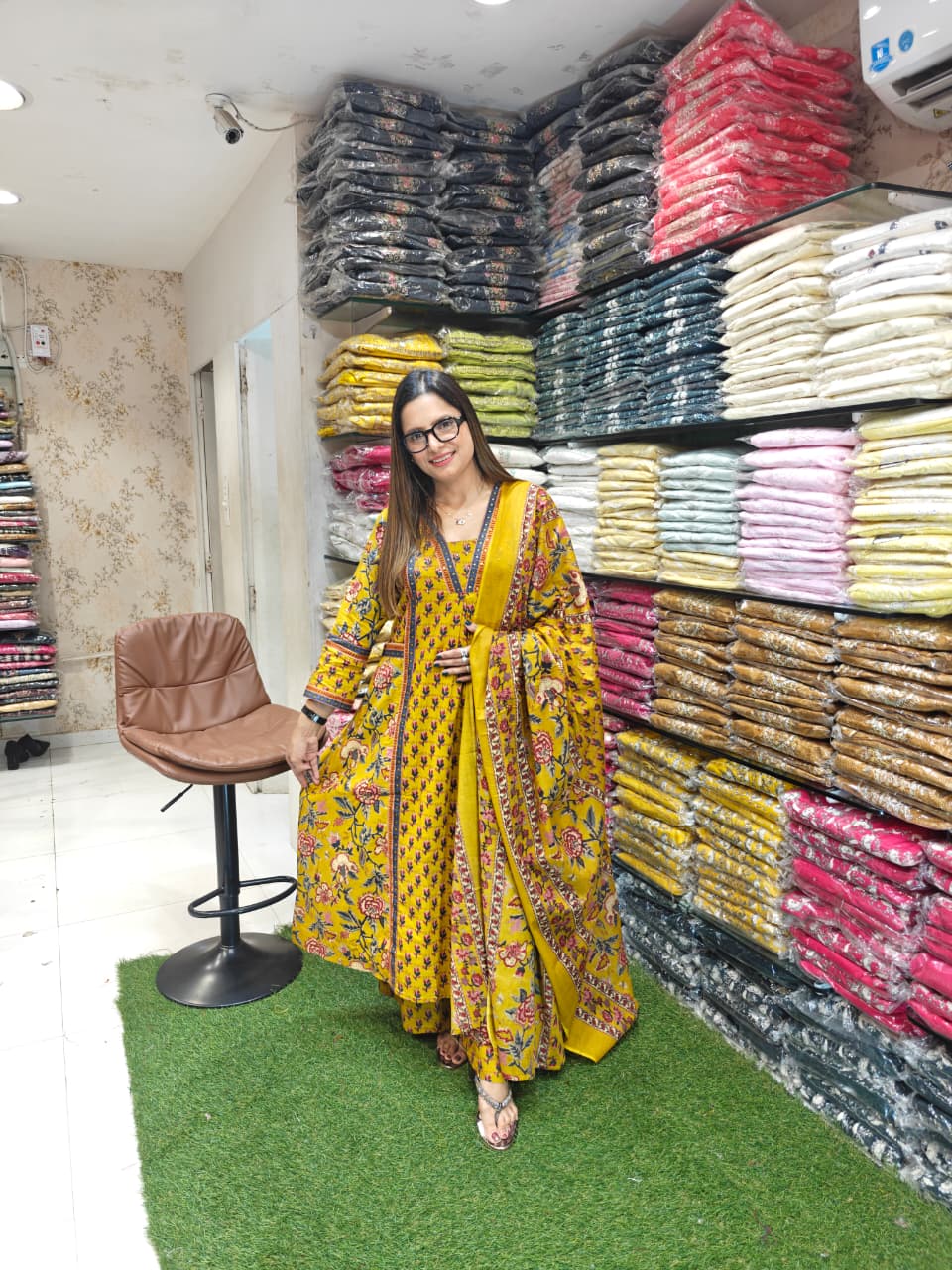 Cotton Yellow Anarkali 3pc Set