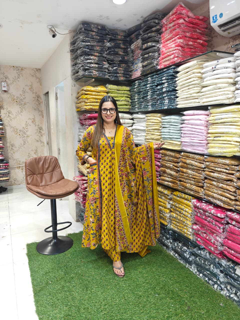 Cotton Yellow Anarkali 3pc Set