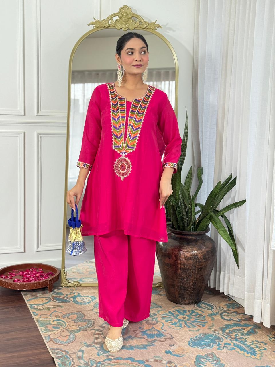 Mull Chanderi Rani Pink 2pc Set