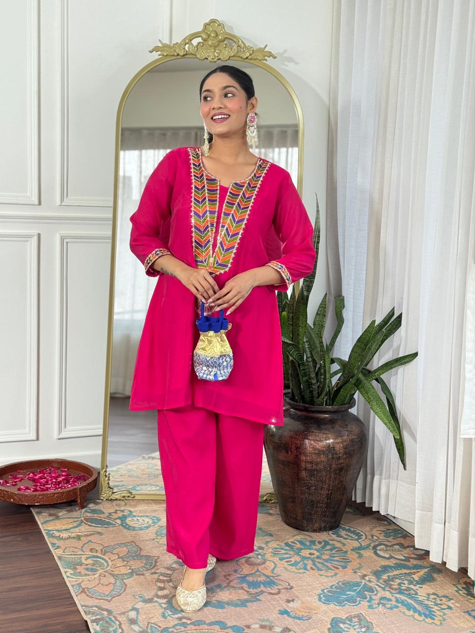 Mull Chanderi Rani Pink 2pc Set