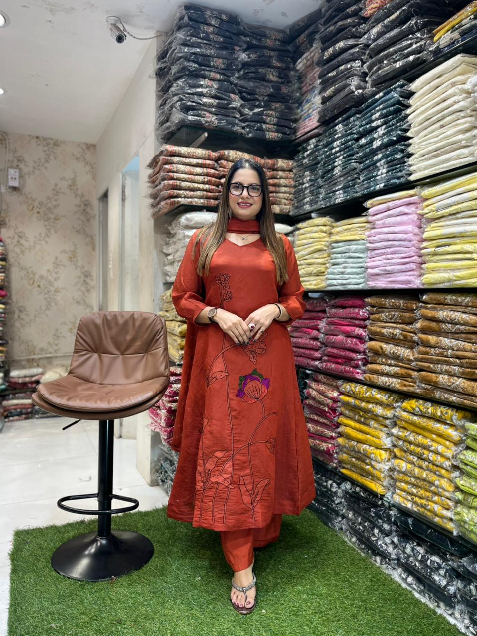 Mull Chanderi Orange 3pc Set