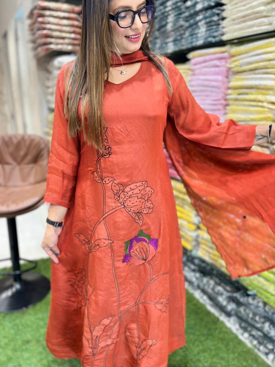 Mull Chanderi Orange 3pc Set