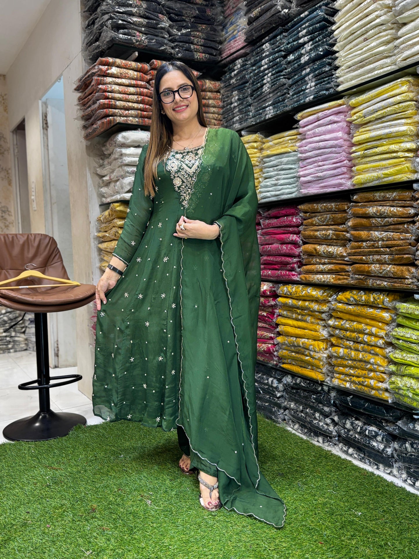 Chinon Green Anarkali 3pc Set