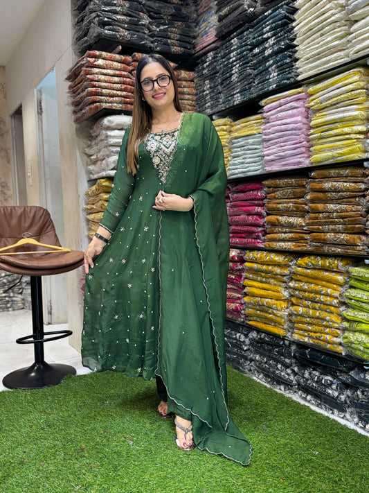 Chinon Green Anarkali 3pc Set