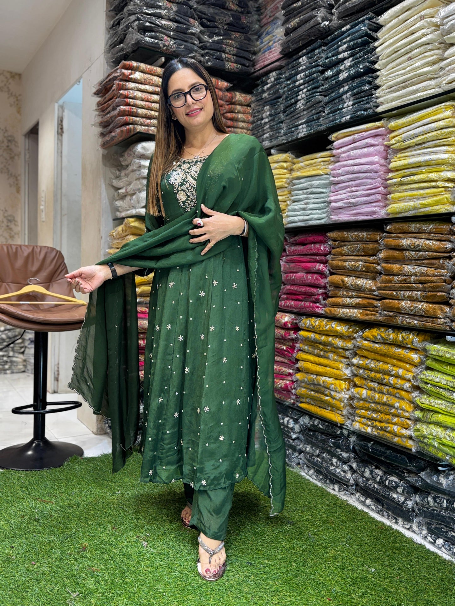 Chinon Green Anarkali 3pc Set