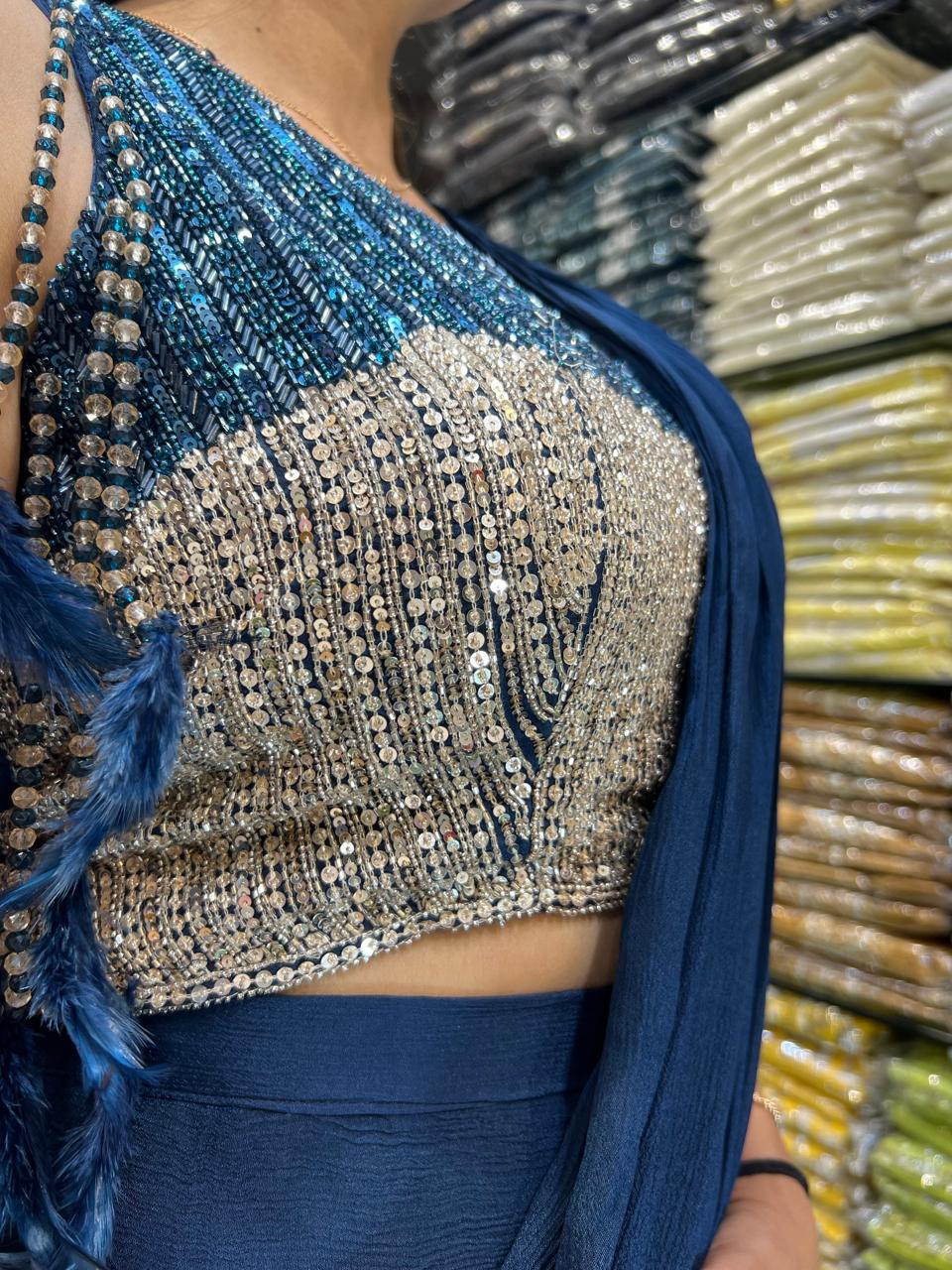 Chinon Teal Blue Drep Saree
