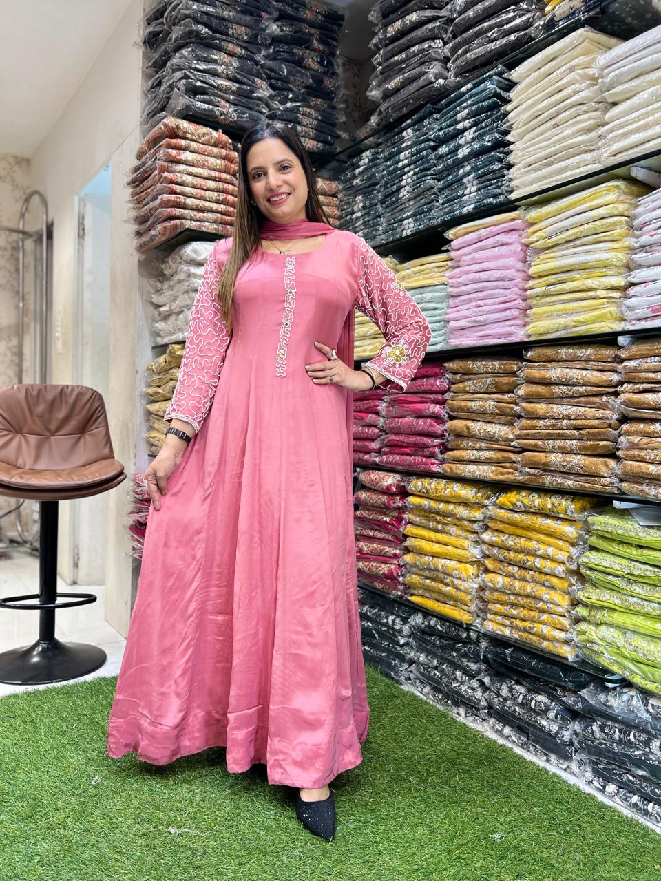 Chinon Pink Anarkali 3pc Set