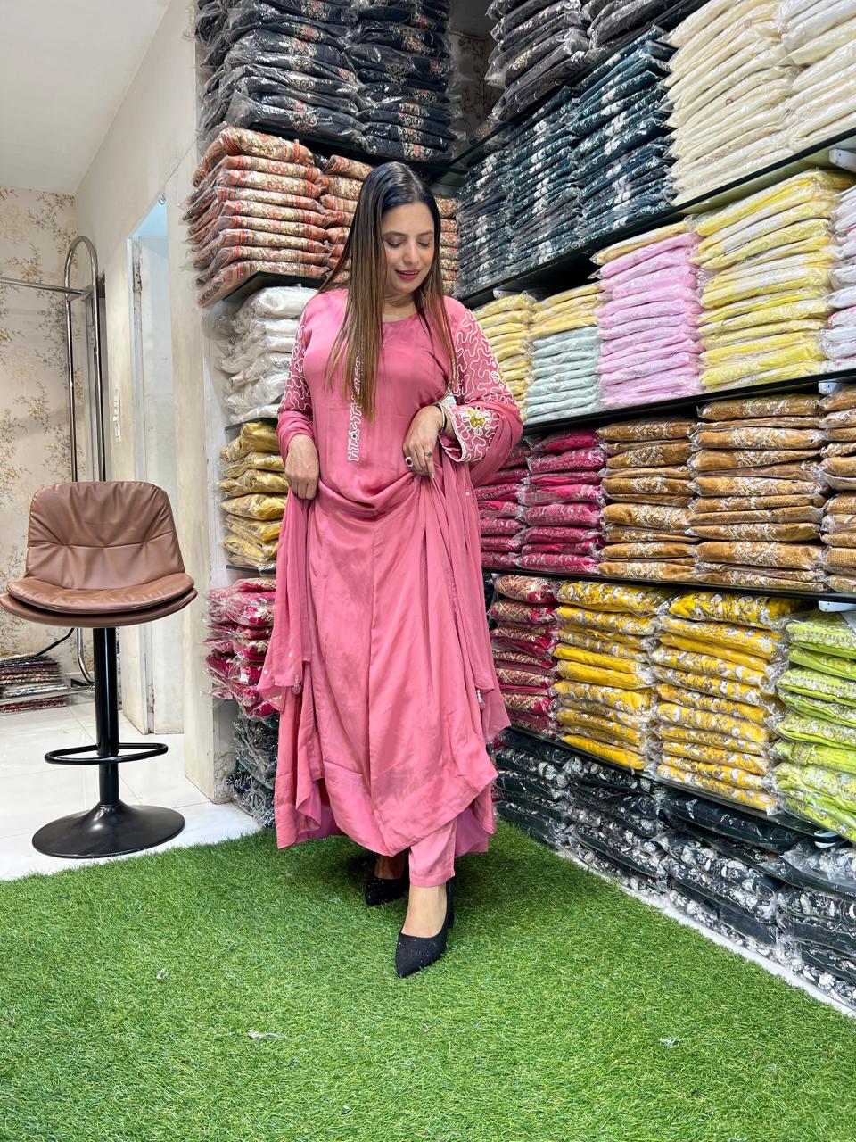 Chinon Pink Anarkali 3pc Set