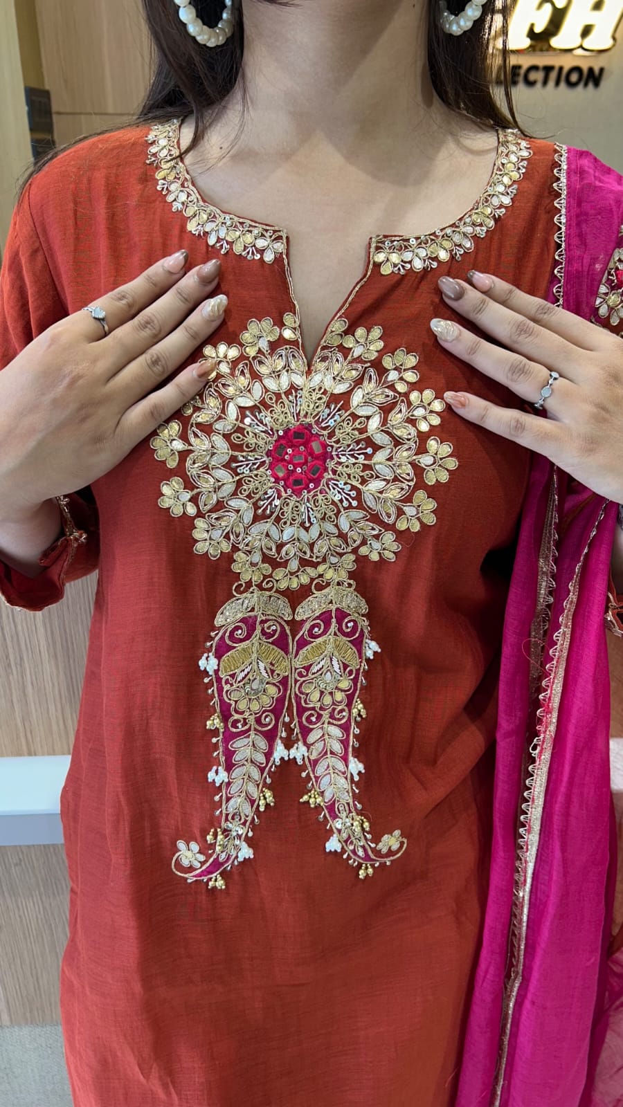 Banaras Mull Chanderi Rust Orange 3pc Set