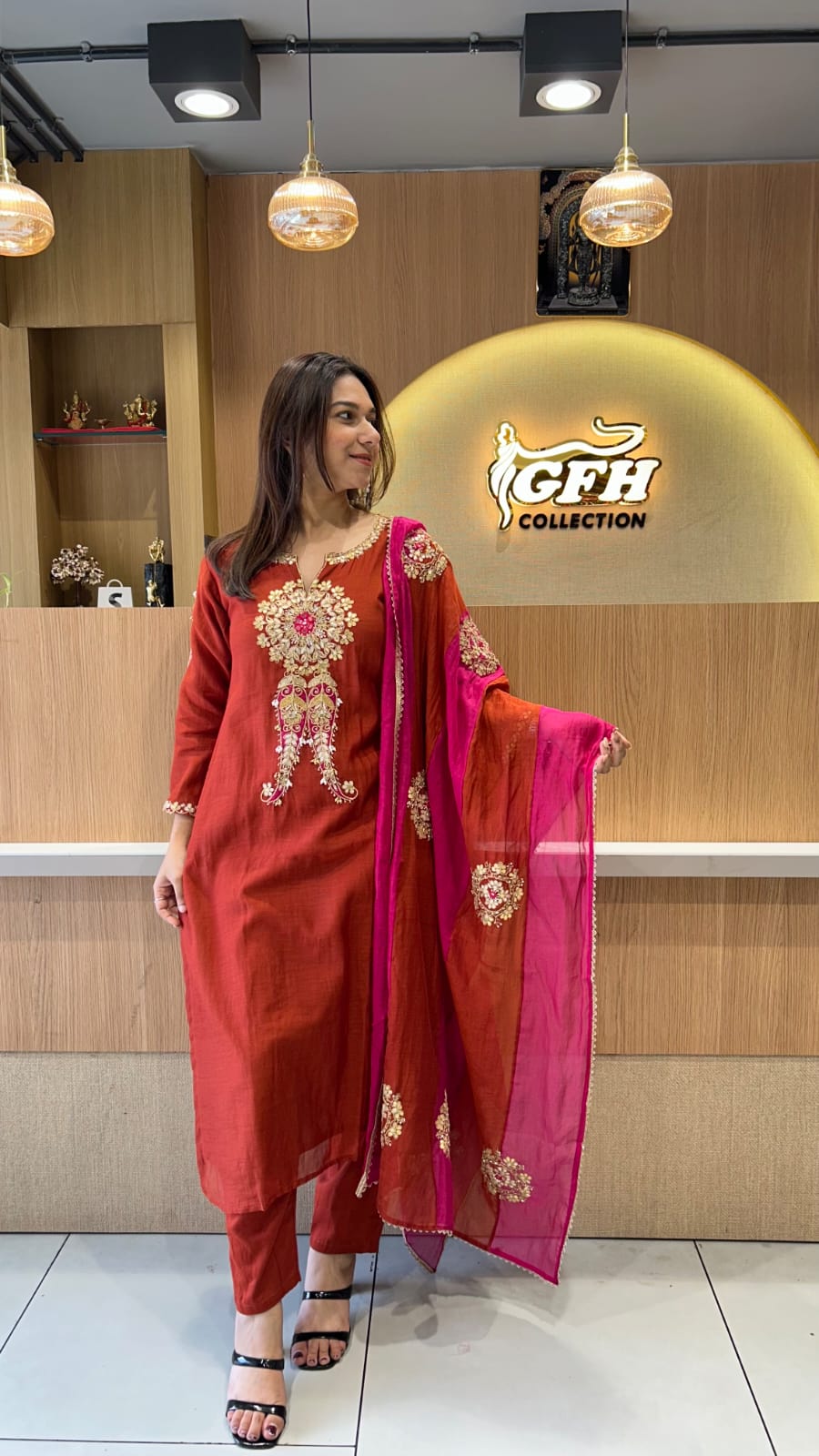 Banaras Mull Chanderi Rust Orange 3pc Set