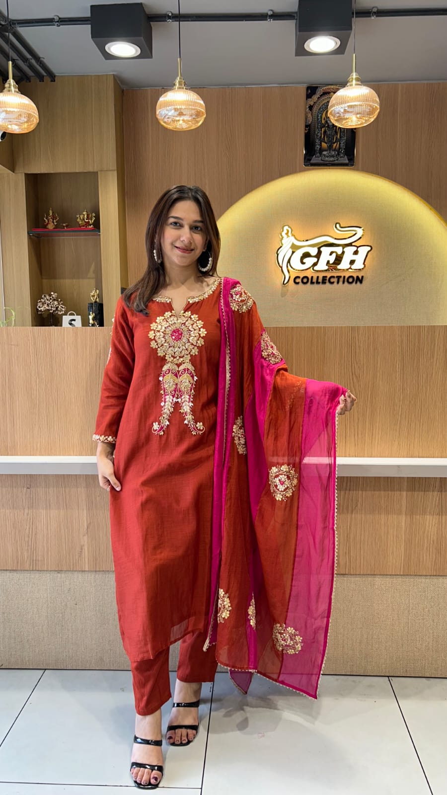 Banaras Mull Chanderi Rust Orange 3pc Set