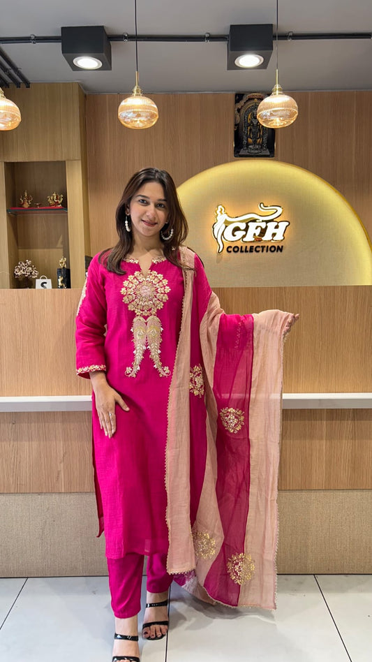 Banaras Mull Chanderi Pink 3pc Set