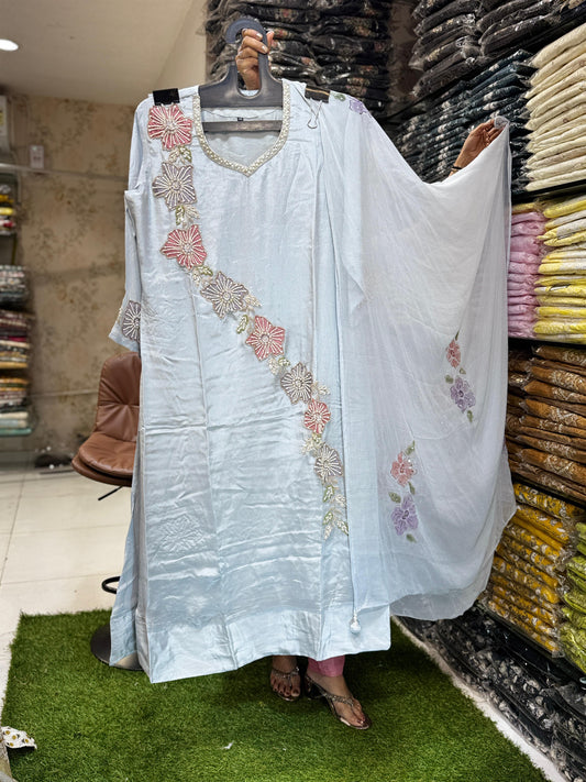 Chinon Anarkali Steel Gray 3pc Set