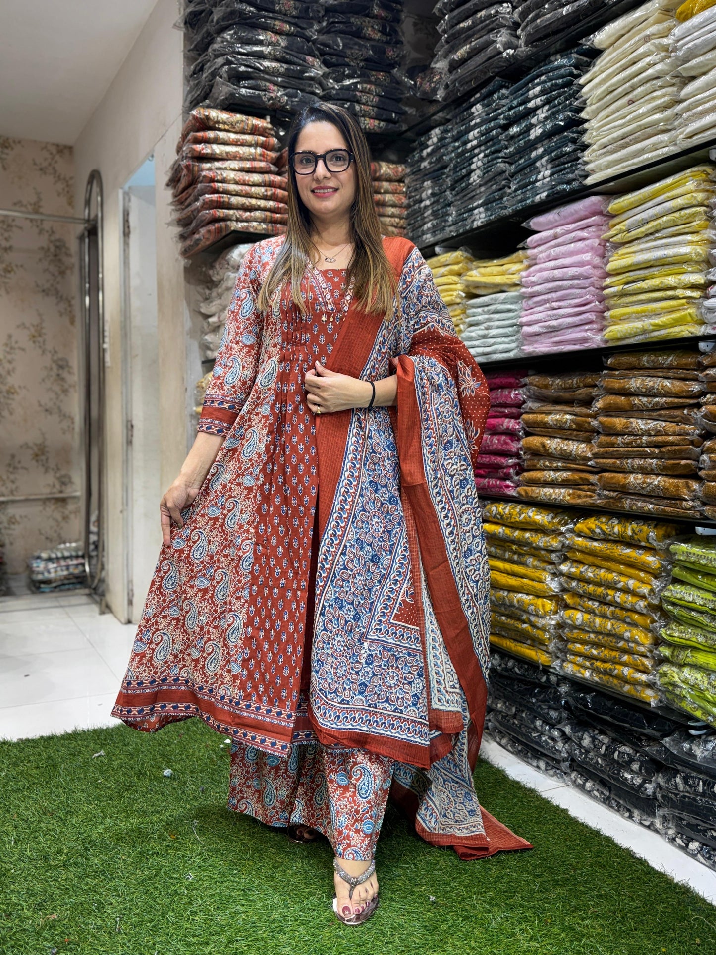 Jaipuri Cotton Anarkali Rust 3pc Set