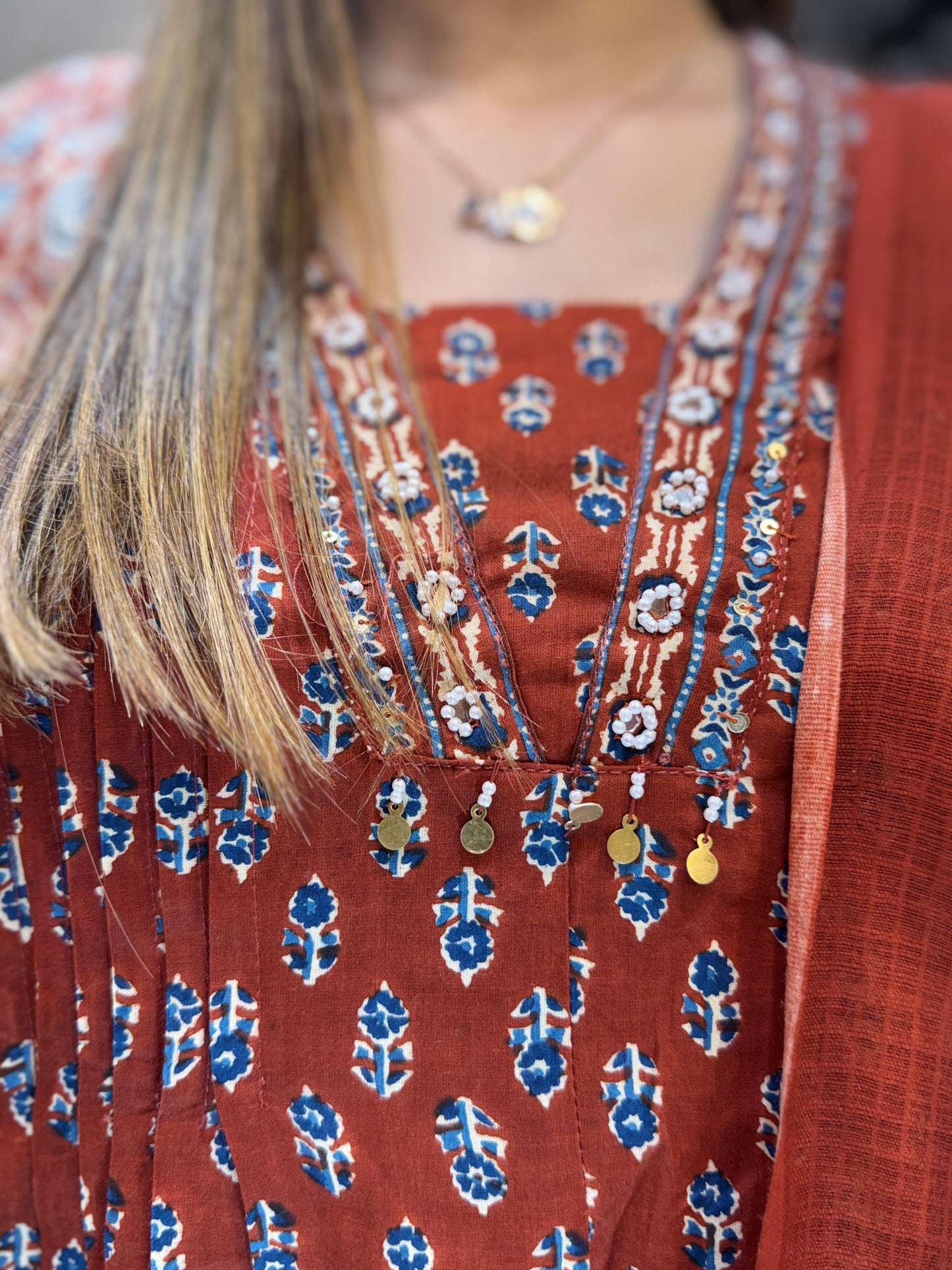 Jaipuri Cotton Anarkali Rust 3pc Set