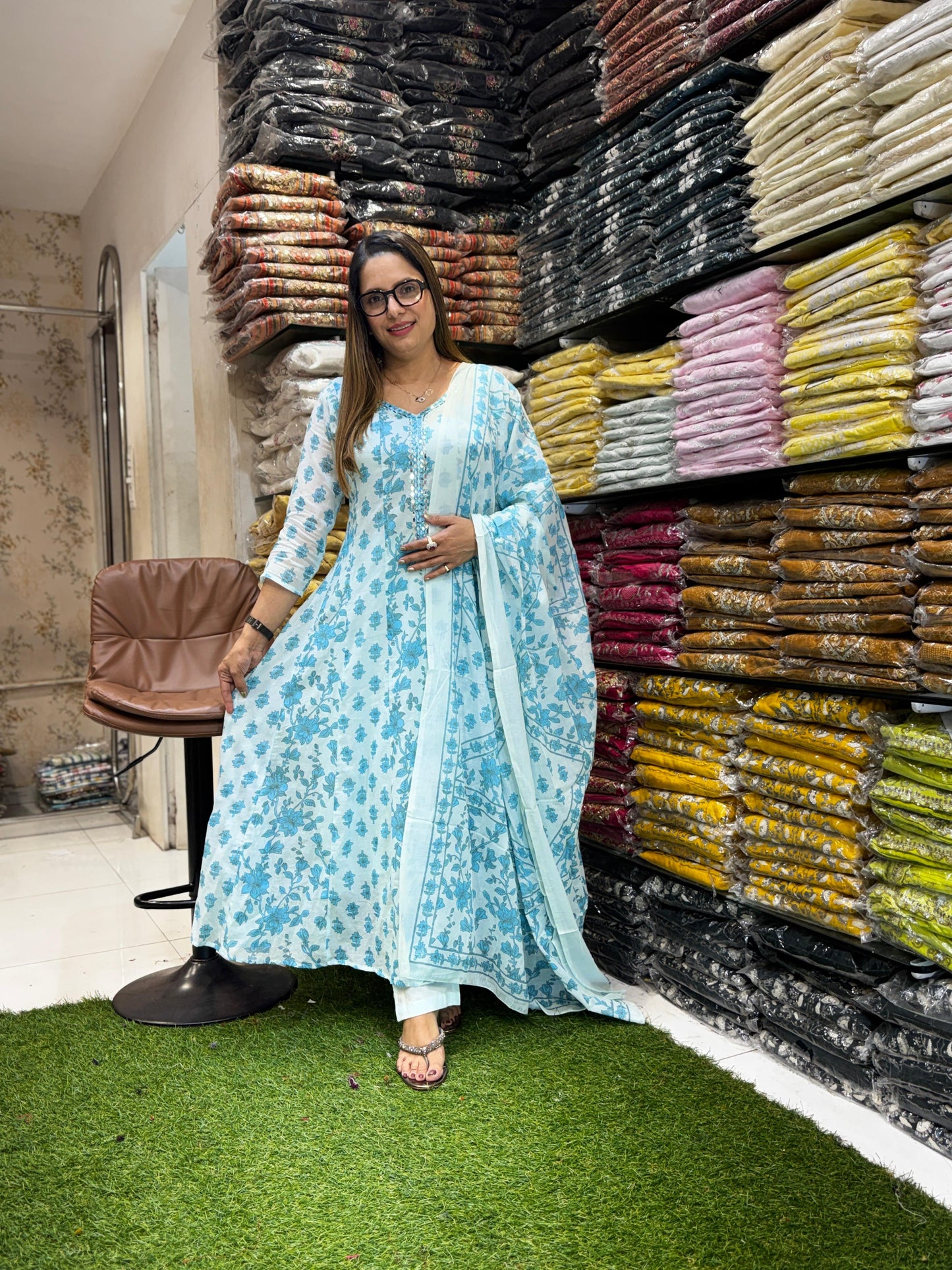 Mull Cotton Anarkali Blue 3pc Set