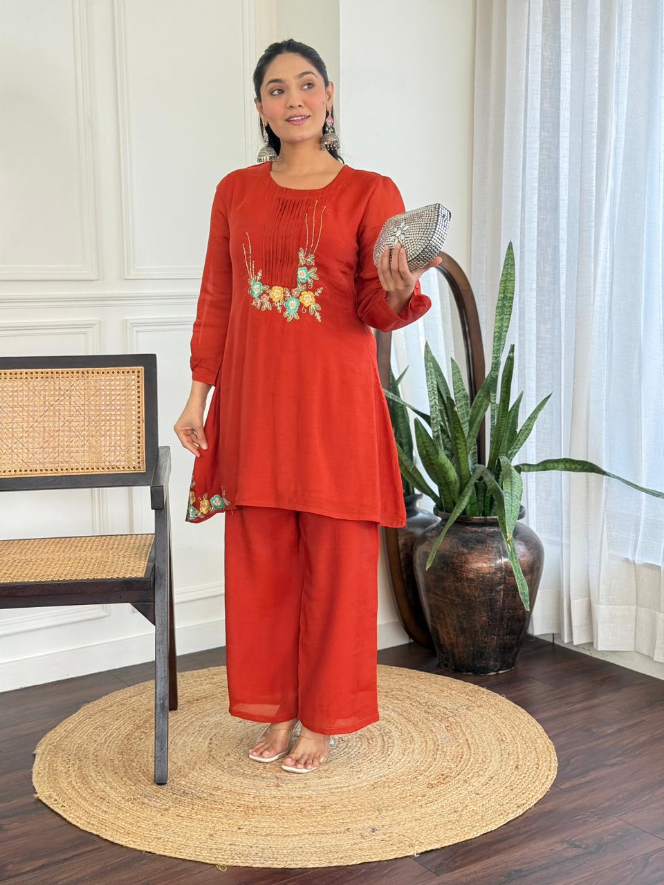 Mull Chanderi Orange 2pc Set